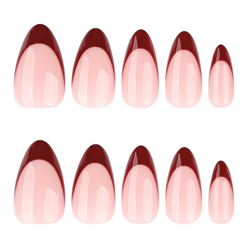 CTTHNBD Press on Nails Almond Medium - Wine Red French Tip Fake Nails - Glossy Full Cover Stick on Nails Press Ons - for Women Manicure 24 Pcs - Image 5